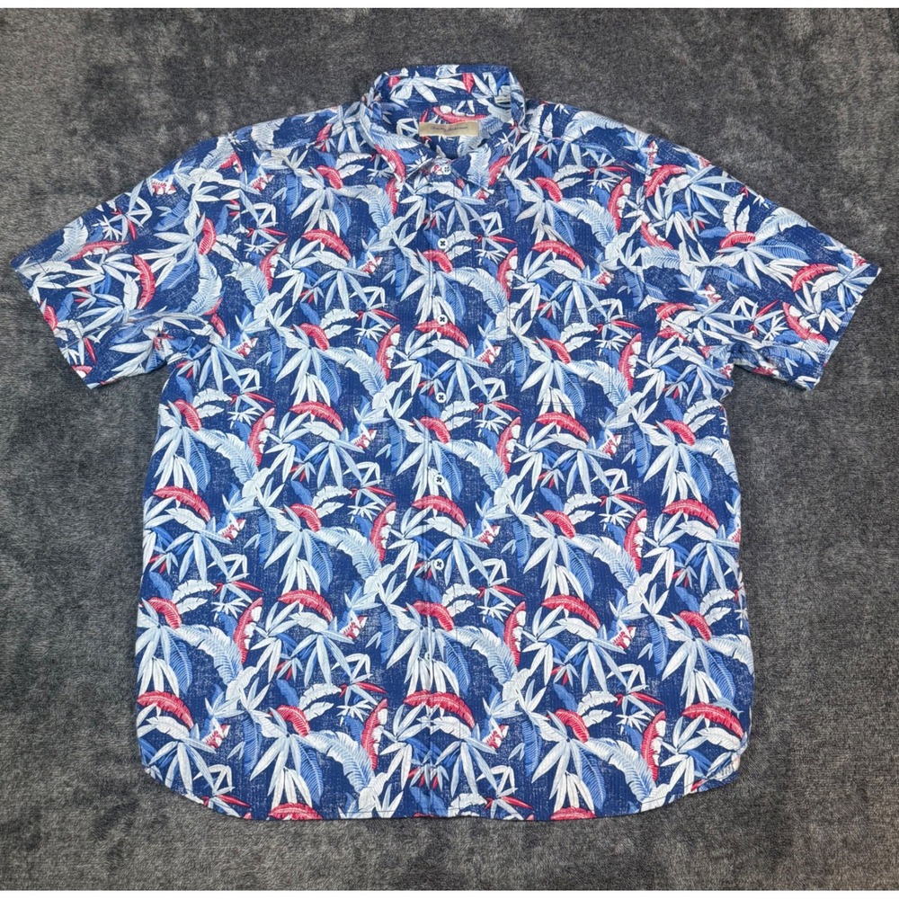 Tommy Bahama Mens XXL Blue Tropical Palm Bamboo Print Cotton Tencel Shirt SS